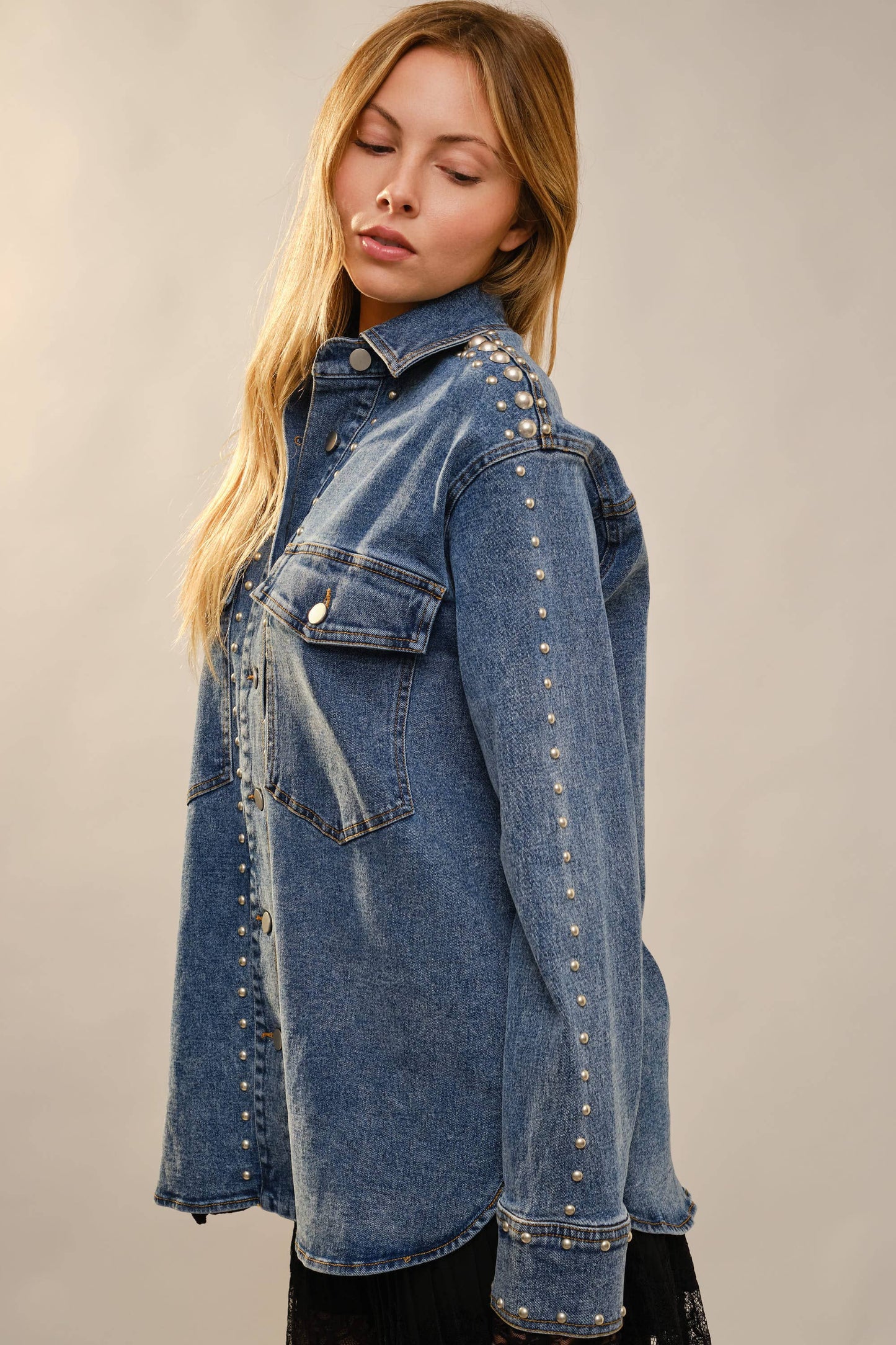 23923J Metal Studded Oversized Denim Shacket