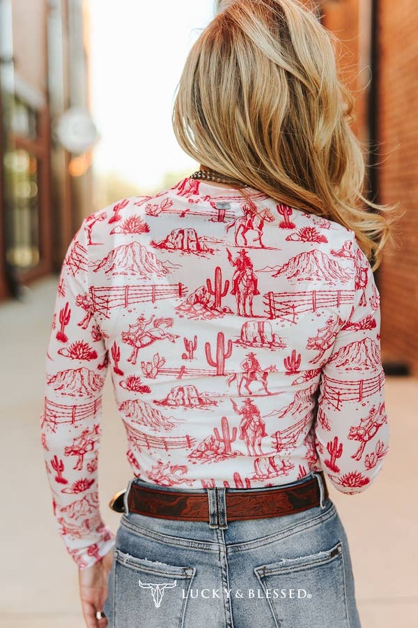 Soft Pink Burgundy Western Printed Long Sleeve Mesh Top