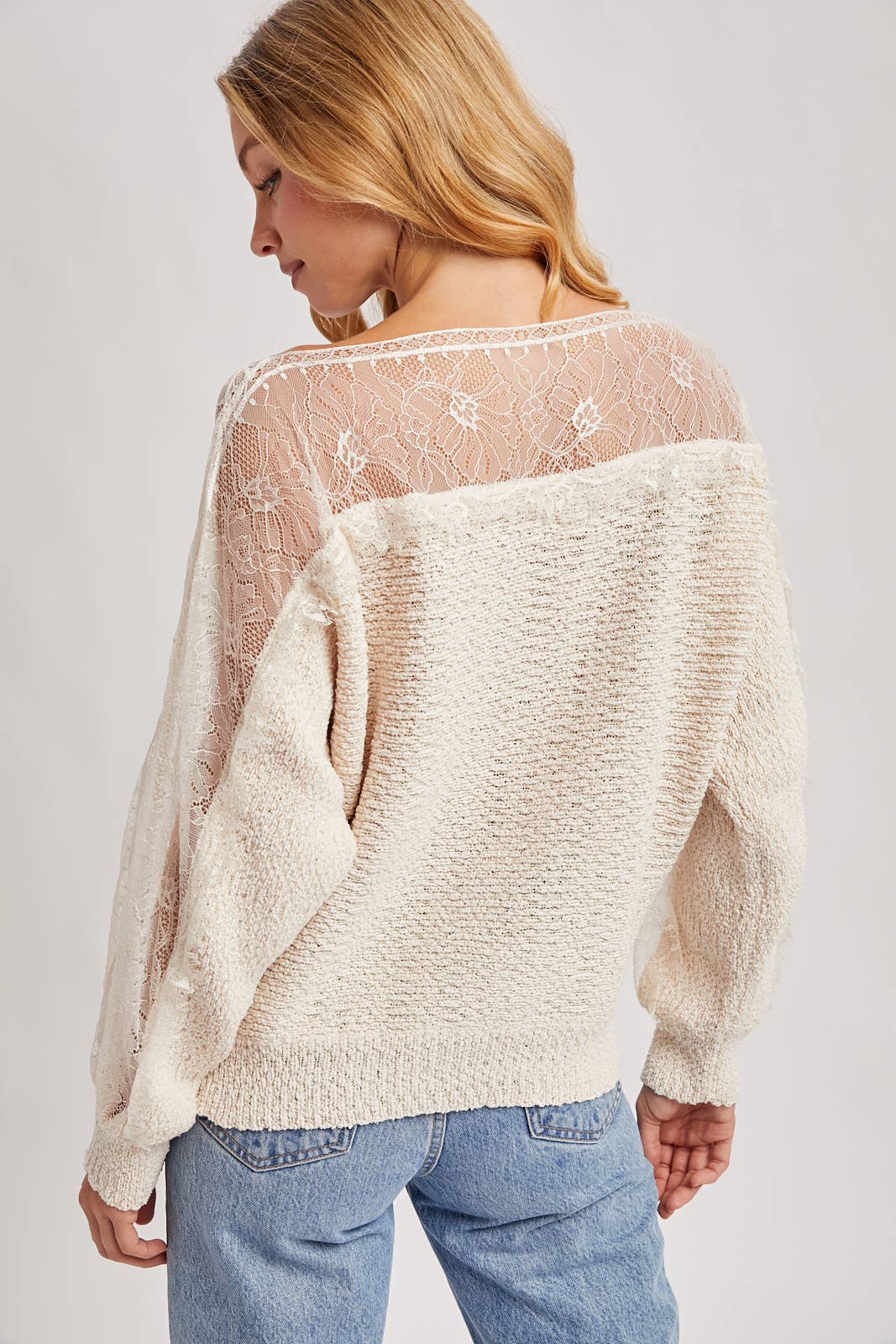 BOAT NECK LACE TRIMMED KNIT SWEATER PULLOVER