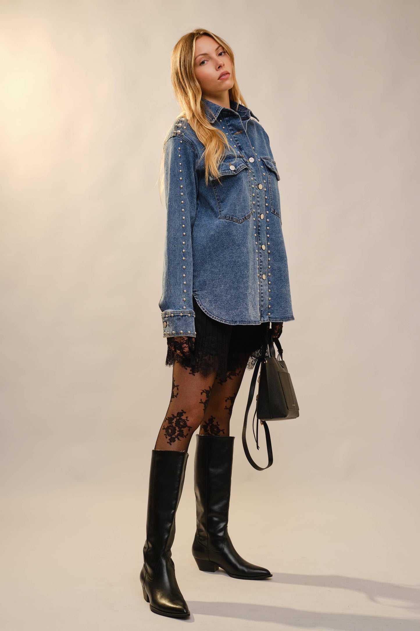 23923J Metal Studded Oversized Denim Shacket
