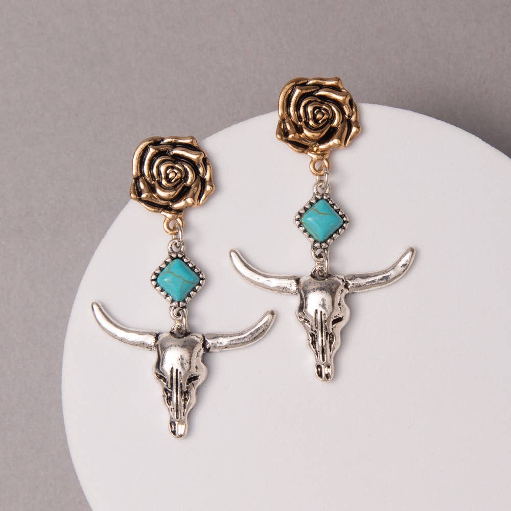Western Steer Skull & Rose Charm Dangle Earrings