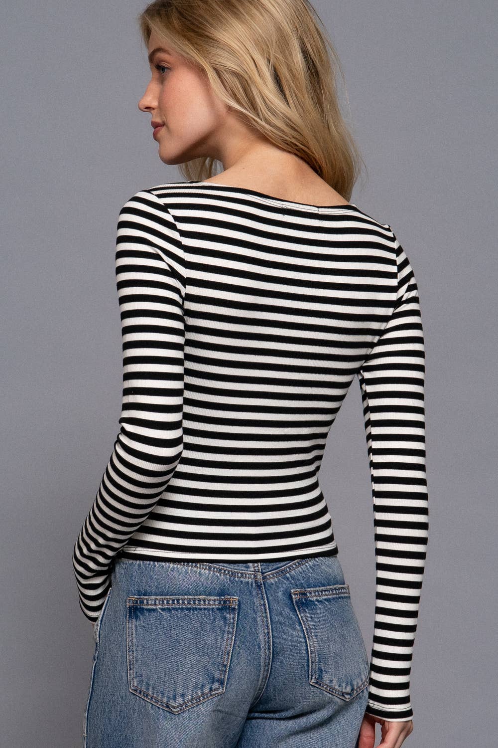 Long Sleeve Boat Neck Stripe Brushed Rib Top