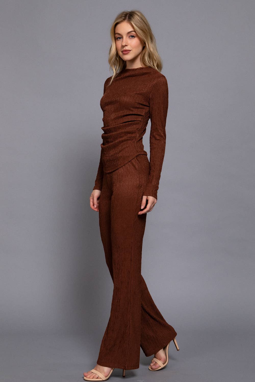 Long Sleeve Draped Top & Waist Band Flare Pants Set