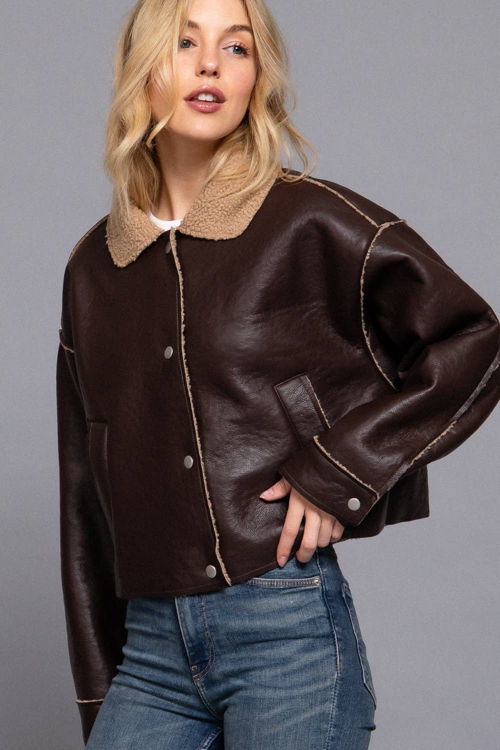 Long Sleeve Faux Leather Inner Fur Jacket