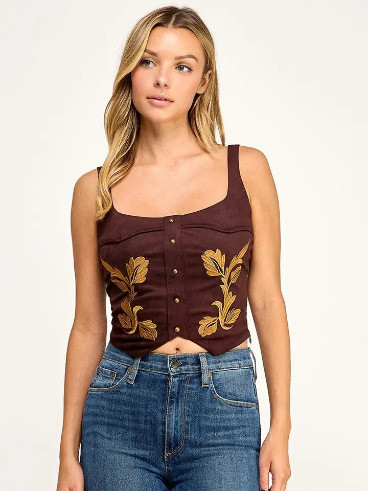 Embroidered Lace-Up Corset Top