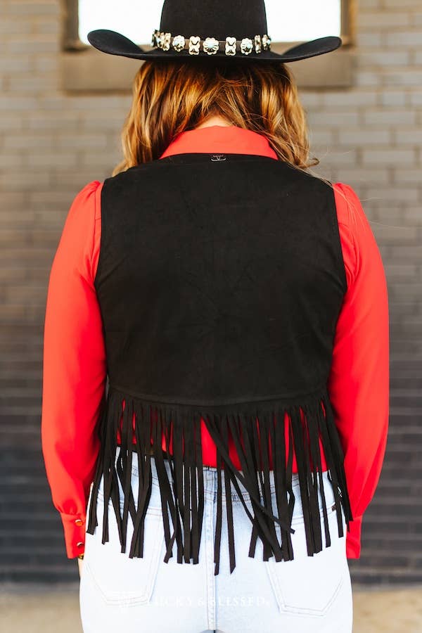 Black Stretch Suede Studded Floral Embroidered Fringe Vest