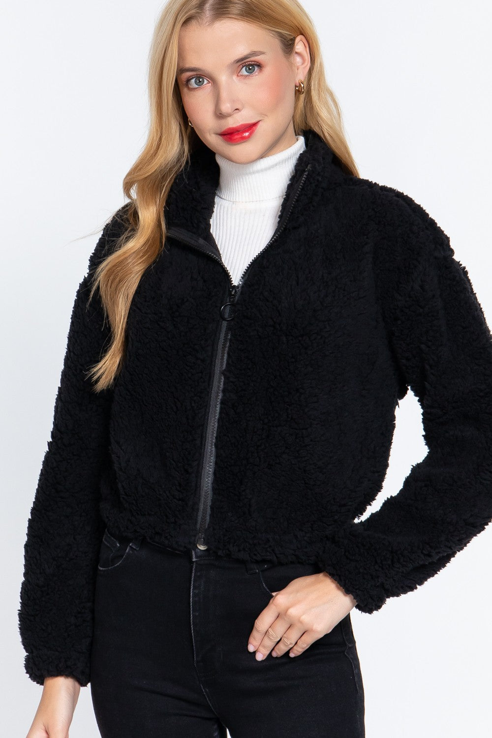 LONG SLEEVE MOCK NECK FAUX FUR ZIP-UP JACKET