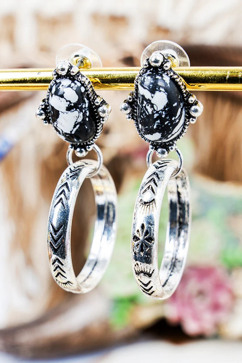Black Twilight Trail Circle Silvertone Earrings