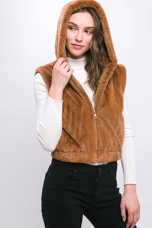 Plush Hooded Zip Up Vest With Pockets