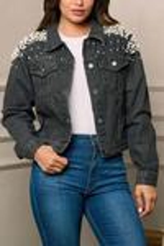 BLACK LONG SLEEVE BUTTON UP PEARL DETAIL DENIM JACKET