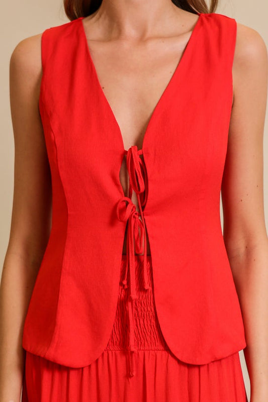 Set-crimson Charm Tie Front Top