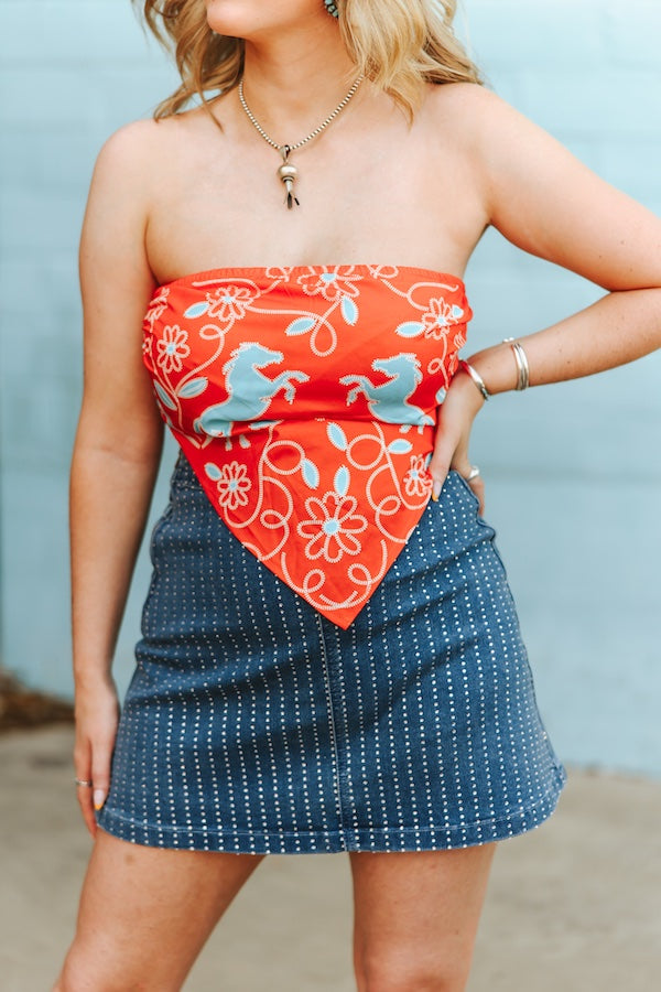 Denim Strapless Rhinestone Studded Top and Skirt