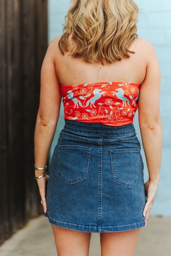 Denim Strapless Rhinestone Studded Top and Skirt