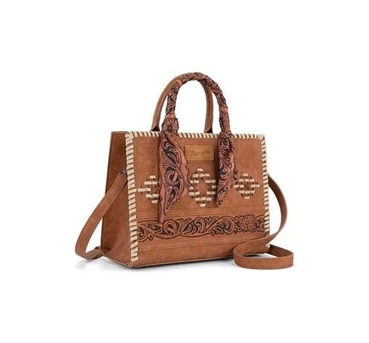 Wrangler Whipstitch Brown Satchel/Crossbody Bag W/ Scarf Handle