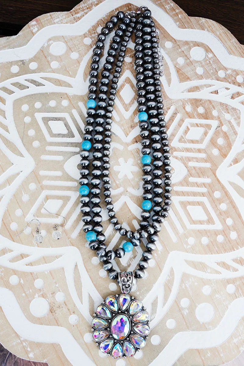 Viola Grit & Glam Silver Pearl and Turquoise Necklace and Earring Set